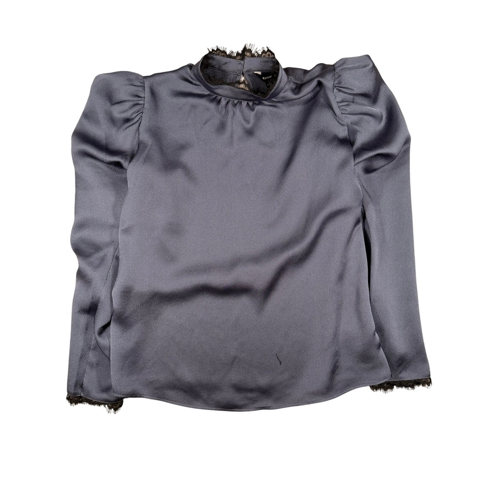 Express Textured Satin Lace Trim Blouse Small Women Blue Puff Sleeve Top